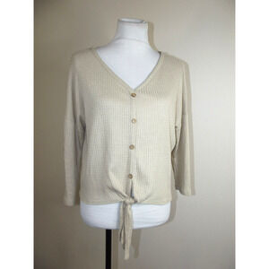 Try ! This Womens V-Neck Waffle Knit TOP - Size XL - Tan Tie Front